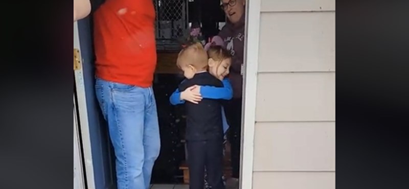 A little boy in a suit welcomed his preschooler on Valentine's Day
